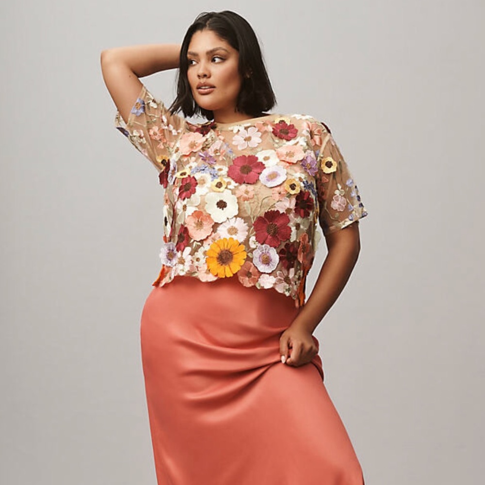 Embroidered Floral Sheer Short-Sleeve Top - Beige with Multicolor Flowers - Picture 2 of 5